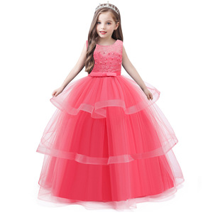 Vestido de princesa para niñas, vestido de fiesta de tul rosa, largo, sin mangas, con lazo y lentejuelas - Product Image 1