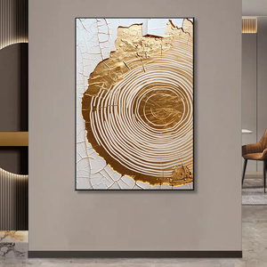 Décoration murale de salon de luxe en gros, design nordique moderne, peinture en porcelaine abstraite dorée et blanche avec anneaux annuels - Product Image 1