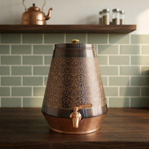 Distributeur d'eau en cuivre foncé antique de qualité supérieure, réservoir de 5 L, motif floral damassé gravé, Matka ayurvédique, Matka métallique anti-fuite avec robinet - Product Image 1