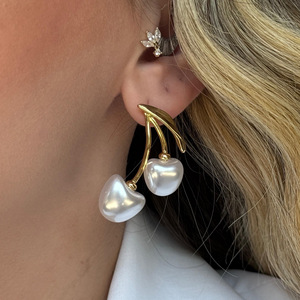 Pearl Cherry Drop <b>Earrings</b> <b>Gold</b> Tone Imitation Pearl Fruit Shape Fashion <b>Dangle</b> <b>Earrings</b> - Product Image 3