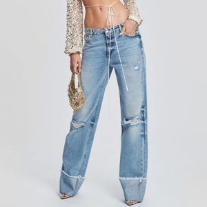 กางเกงยีนส์สีน้ำเงินขายดี ทรงบอยเฟรนด์ เอวกลาง แต่งรอยขาดที่เข่า สำหรับผู้หญิง - Product Image 5