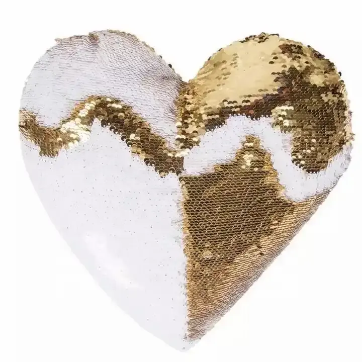 Cuscino di alta qualità con copertura a forma di cuore con paillettes bianche e oro