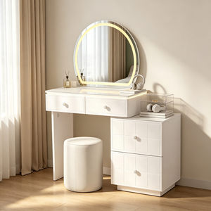 Nuevo Set de Tocador con Cajones y Panel de Rejilla, Espejo Redondo con Luz LED, Taburete Cilíndrico Desmontable, Mesa de Maquillaje Blanca para Dormitorio - Product Image 1