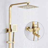 Système de douche mural carré en acier inoxydable 304 brossé or, anti-calcaire, facile à nettoyer, avec douchette à main, idéal pour projets d'appartements