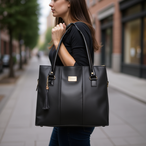 Sac fourre-tout décontracté pour femme Fana Irem, noir, cuir véritable, doublure en nylon, grande capacité, fermeture à glissière, deux poignées, usage quotidien - Product Image 2