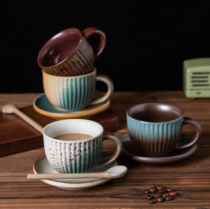Ensemble tasse à café et <span class=keywords><strong>soucoupe</strong></span> en céramique vintage simple avec cuillère, mug rayé créatif pour latte, expresso et thé de l'après-midi - Product Image 2