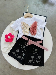 New Style Girls Short <strong>Sleeves</strong> 3D <strong>butterfly</strong> T-shirt <strong>Top</strong> + Sequined Jeans Shorts 2 Pcs Outfit Clothing Set - Product Image 3