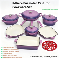 Ensemble de casseroles en fonte 8 pièces, faitouts, marmites à soupe et à bouillon, poêles, LFGB FDA, compatible induction, pour la cuisine