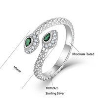 Bague ajustable serpent en argent sterling 925 plaqué platine avec spinelle verte et zircon, motif écailles de serpent, pour femme