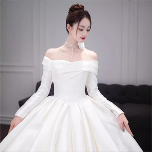 Wedding Dress Off Shoulder Long Sleeve Satin Ball Gown Sweetheart Neckline Natural Waist Vintage Style - Product Image 3
