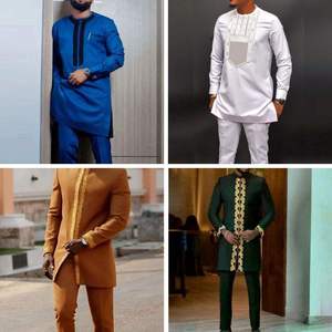 Vêtements africains pour hommes en gros, ensemble <span class=keywords><strong>chemise</strong></span> et pantalon de couleur unie, vêtements africains pour hommes, style ethnique, ensemble décontracté pour hommes - Product Image 1