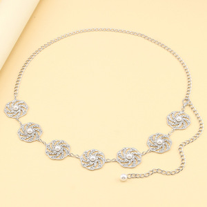 Cadena de cintura geométrica de metal hueco para mujer con colgante de imitación de perla, cadena corporal para fiesta - Product Image 4