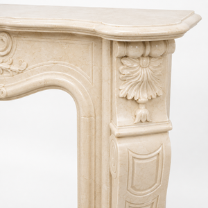 Chimenea tradicional de mármol con tallado ornamentado, de mármol amarillo brillante, para interiores, con estufa de leña para comedor. - Product Image 4