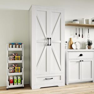 Casilleros modernos de madera blanca, casilleros de cabaña con estantes ajustables, puertas de Granero, armarios altos de cocina para comida, comedor, uso escolar - Product Image 4