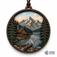 Ornement de cabane de montagne et de lac découpé au laser en contreplaqué de peuplier personnalisé pour la décoration de maison de vacances, conforme à la norme CPSC, DDP