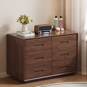 Solid Wood 6-Drawer Chest Large Capacity Storage <b>Cabinet</b> Bedroom Living Room <b>Cabinet</b> Black Walnut Natural Wood Color - Product Image 1