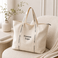 Tas Tote Kanvas Besar Custom Wanita dengan Resleting, Tas Selempang untuk Belanja, Kerja, dan Perjalanan, Tas Jinjing, Dapat Digunakan Kembali, Grosir, OEM, Label Pribadi