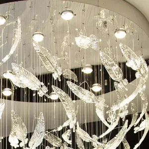 Customized Indoor Decoration Hotel Hanging Glass Feather Leaf Pendant Lamp Modern Chandelier