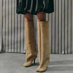 Bottines hautes en daim pour femmes à talons fins et bas, couleur unie, bout carré, personnalisables - Product Image 1