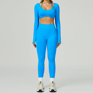 Naadloze Vrouwen Gym Set Lange Mouw 2 In 1 Contrast Kleur Butt Tillen Snelle Droge Loungewear Yoga Set Vier-Way Stretch - Product Image 4