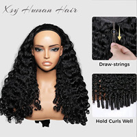 Perruque mi-longue bouclée en cheveux humains naturels birmans, avec frange noire, partie en V, tissée à la machine, permanente et teinte