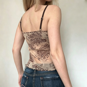 Top de malla con estampado Paisley vintage para mujer, cuello en V, tirantes finos, ajuste ceñido, estilo Y2K, sexy, sin espalda, casual, blusa sin mangas marrón - Product Image 5