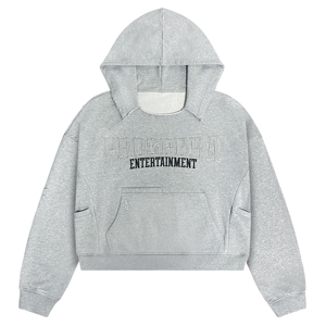 Sudadera con Capucha Oversize para Hombre, Color Gris Jaspeado, Estilo Desgastado, con Parche Bordado en la Parte Delantera, Múltiples Bolsillos, Estilo Urbano - Product Image 1