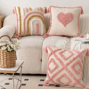 Household Love Model Detachable 18 X 18 Pink Tufted Embroidered Cushion Covers Throw Pillowcases
