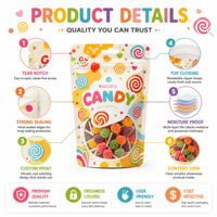 Sachet refermable personnalisé avec fenêtre transparente de qualité alimentaire pour bonbons, sucettes et confiseries