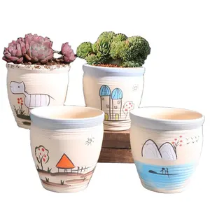 Succulent flower pot purple clay basin handmade large diameter ceramic retro medium plant pots cute cartoon porcelain planter