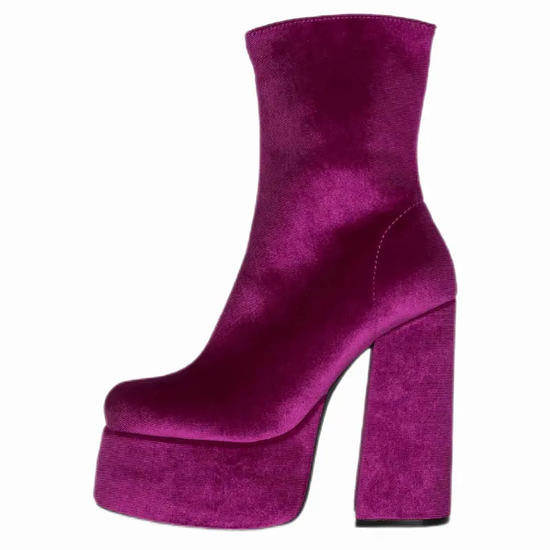 Guangdong factory high quality private label woman boots fuchsia velvet ankle boots with chunky heels