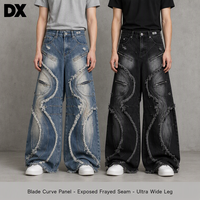 Jean en denim délavé personnalisé 420 g/m² à jambe large, coutures incurvées, bords effilochés, poches avant zippées, pantalon en denim streetwear OEM ODM