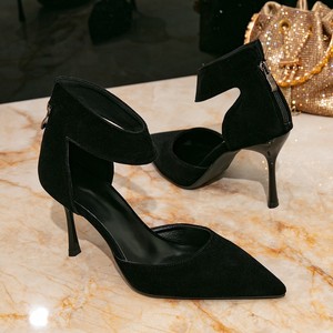 Sandales à talons hauts pour femmes QLFashion Huizhou AliExpress, noires, en peluche, sexy, à bout pointu, avec fermeture éclair arrière - Product Image 5