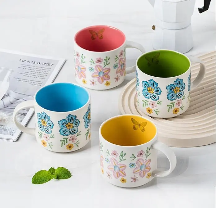 Mug Cina tulang baru pelek emas pabrikan untuk Mug kopi keramik dengan pola bunga