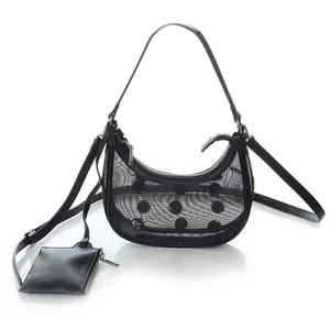 Sac de plage en maille transparente noire avec paillettes nouvelle mode sac Hobo sac à bandoulière design demi-lune sac à main et sacs à main