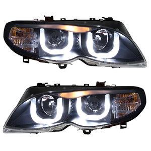 Para <span class=keywords><strong>BMW</strong></span> E46 Serie 3 2001-2004, Faro Delantero Bi-LED con Proyector, Ojos de Ángel en Forma de U, DRL, Carcasa Negra, Conjunto de Faros Delanteros (Par) - Product Image 2