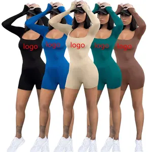 Think 2023 New arrivals summer women jumpsuit custom logo backless long sleeve ribbed knit woman shorts jumpsuit