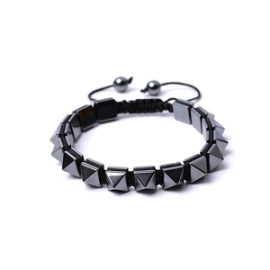 Natural Hematite Pyramid Beads <b>Bracelet</b> – <b>Adjustable</b> Woven Handmade Unisex Fashion Jewelry for Men Women - Product Image 1