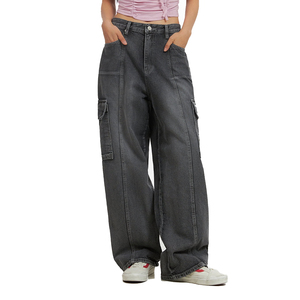 Pantalones vaqueros de cintura baja personalizados <span class=keywords><strong>para</strong></span> <span class=keywords><strong>mujer</strong></span>, talla XXL, pantalones vaqueros de pierna ancha lavados grises con costuras delanteras <span class=keywords><strong>para</strong></span> novio, <span class=keywords><strong>ropa</strong></span> de <span class=keywords><strong>mujer</strong></span> de talla grande, pantalones vaqueros Cargo - Product Image 5