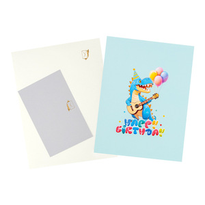 Biglietto d'Auguri 3D Pop-up per <span class=keywords><strong>Compleanno</strong></span>, Simpatico Dinosauro T-Rex Blu con Chitarra e Cappello da Festa, Biglietto di Auguri per Bambini con Busta - Product Image 4