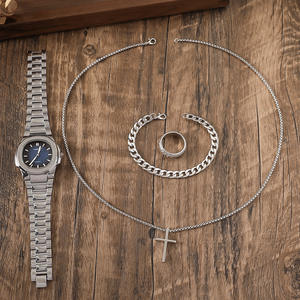 นาฬิกาเหล็กกลมสำหรับนักธุรกิจแฟชั่นผู้ชาย + สร้อยข้อมือ + สร้อยคอไขว้ + แหวนของขวัญ4ชิ้น/เซ็ต - Product Image 5