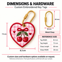 Tag Bagasi Bordir Custom, Gantungan Kunci Motif Hati, Personalisasi Cherry Gingham, OEM Hadiah Custom