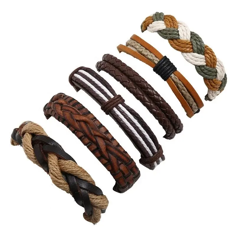 Diy 6 Stuks In 1 Set Gevlochten Voor Mannen Voor Vrouwen Hennep Touw Echt Koe Lederen Armband Mannen Armband Accessoires Mens Acces