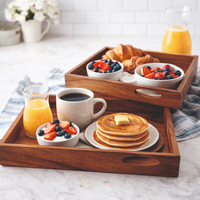 Premium Akazienholz Serviertablett-Set Holz-Frühstückstablett mit Griffen Dekoratives Ottoman-Kaffeetisch-Organizer für die Küche