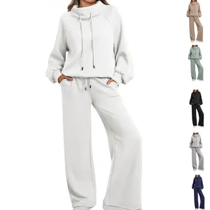 Custom Cotton Outfit Cozy Loungewear Fall Drawstring Sweatshirt Wide Leg Sweatpants Sweatsuits 2 Piece Outfits Sets For Women