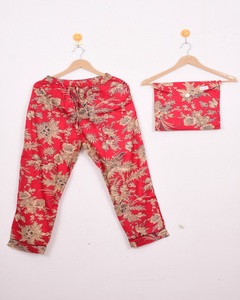 Ensemble de pyjama en coton satiné rouge style bohème, longueur genou, boutonné, imprimé à la main, respirant, vêtements de nuit d'été - Product Image 3