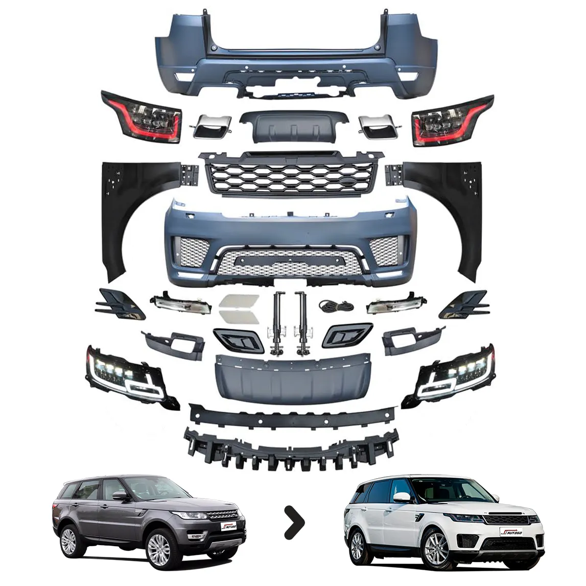 Kit de carrocería de nuevo diseño 2022 para Range Rover Sport L494 14-17 actualización a 2020 OEM PP + Material ABS parachoques delantero + trasero con lámpara de guardabarros