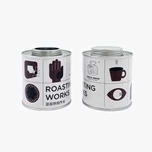 Boîte en fer blanc alimentaire vide de 100g, ronde, pour grains de café, avec valve et bouchon à vis, impression offset - Product Image 1