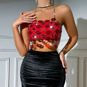 SA033 Red Lips Shaped Acrylic Sequin Chain Crop Top Pencil Skirt Sets Sexy Night Clubwear See Through Dress