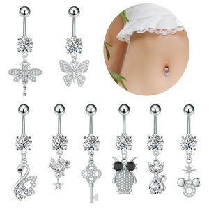 Vente en gros <span class=keywords><strong>de</strong></span> barres <span class=keywords><strong>de</strong></span> nombril pour filles, avec pendentifs clés et motifs d'animaux <span class=keywords><strong>de</strong></span> dessin animé mignons (libellule, papillon, cygne, chat, hibou), ornées <span class=keywords><strong>de</strong></span> strass - Product Image 1